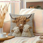 Highland Cow Family Farmhouse Decorative Pillow Cover 18x18 Inch – Soft Polyester Woven Print Cushion Cover with Zipper, Machine Washable, Country Cow Home Decor for Sofa Bed Living Room