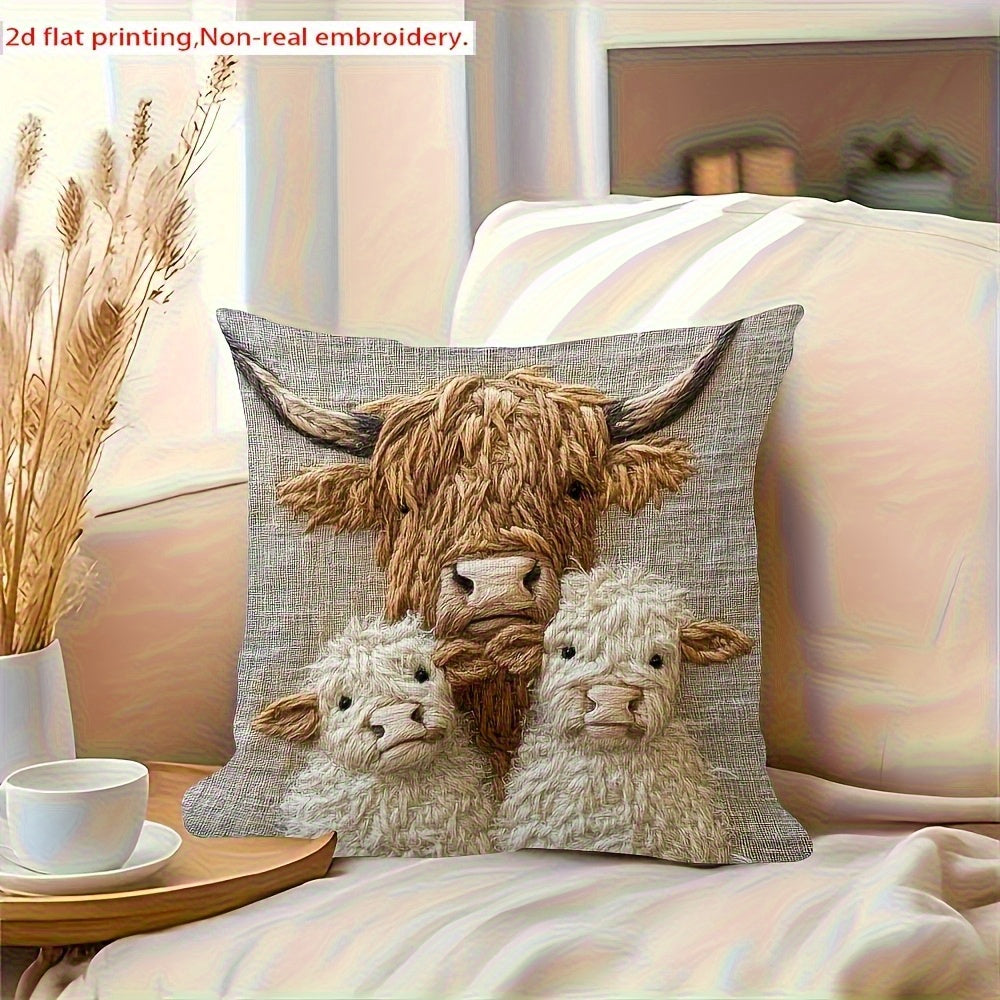 Highland Cow Family Farmhouse Decorative Pillow Cover 18x18 Inch – Soft Polyester Woven Print Cushion Cover with Zipper, Machine Washable, Country Cow Home Decor for Sofa Bed Living Room
