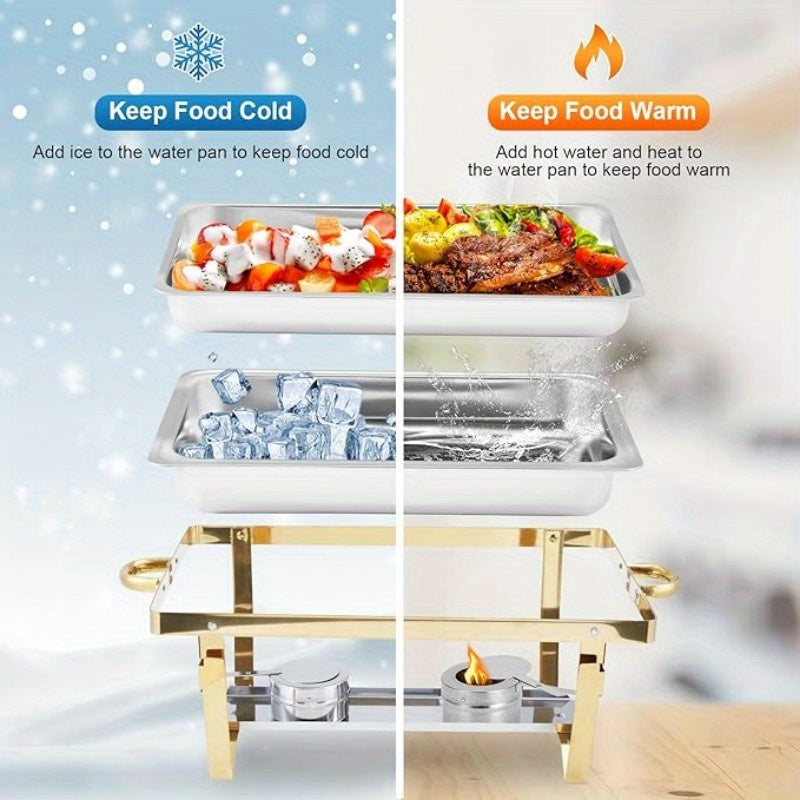 Golden Chafing Dish Buffet Set 9QT Stainless Steel Chafer with Full-Size Pans – Elegant Gold & Silver Finish Food Warmer for Weddings, Parties, Banquets & Catering Events (2 or 4 Pack)