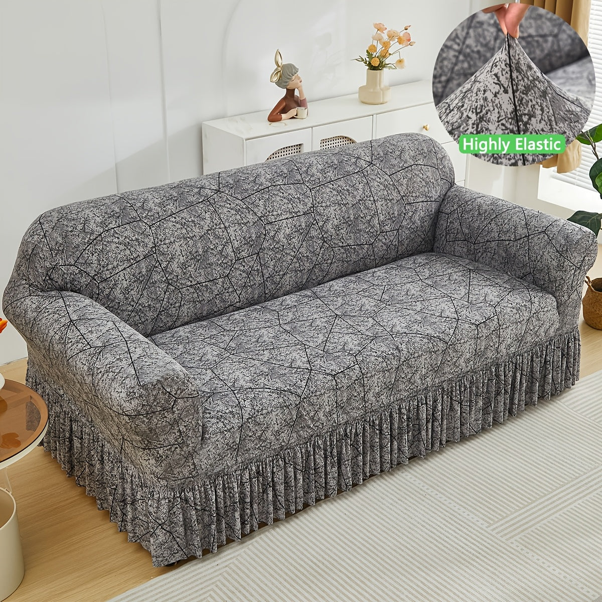 Printed Elastic Skirt Sofa Cover Slipcover with Bottom Skirt | Stretch Fitted Couch Protector for Living Room, Single 2-Seater 3-Seater 4-Seater