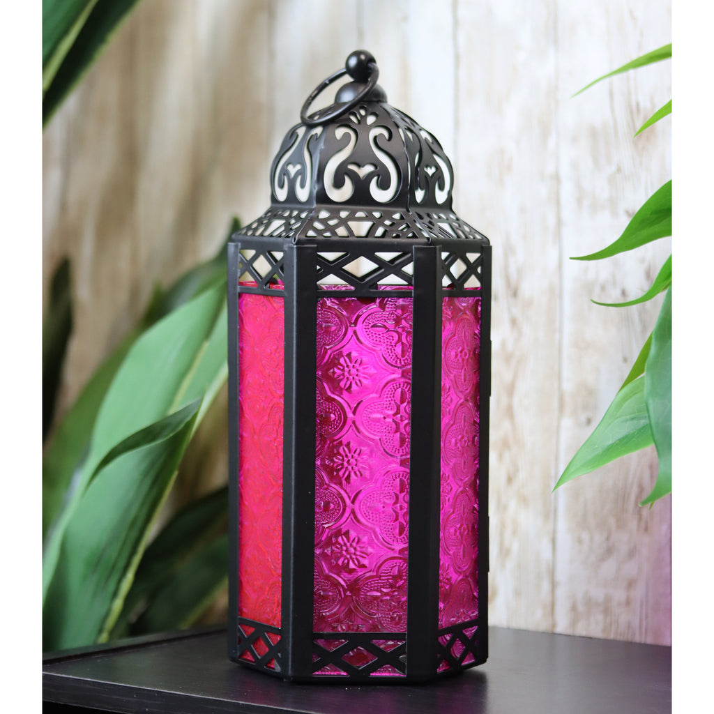 Moroccan Candle Lantern Holder Medium 10.5 Inch – Handcrafted Glass Iron Metal Lantern with Embossed Floral Panels, 17 Colors, Indoor Outdoor Use for Ramadan, Wedding, Patio, Diwali & Home Decor