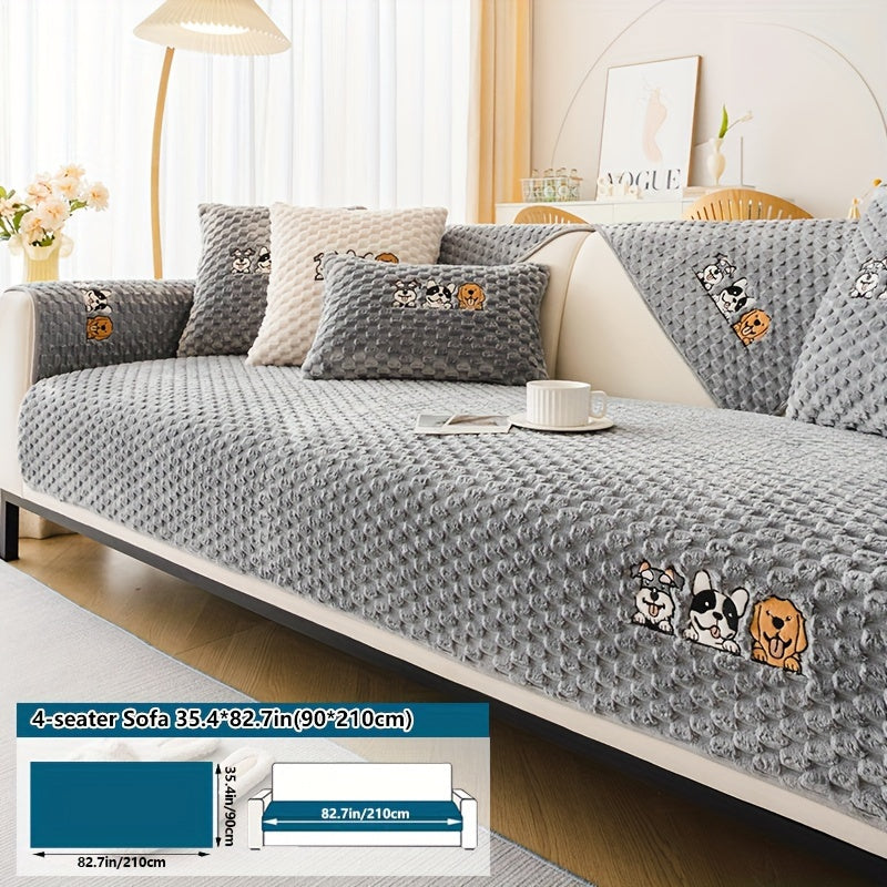 Honeycomb Velvet Sofa Slipcover Pet-Friendly Non-Slip with Cute Dog Embroidery, Bohemian Style Machine Washable Polyester Couch Cover for Sofa Cushion Backrest Armrest – Single Piece Home Decor, Grey