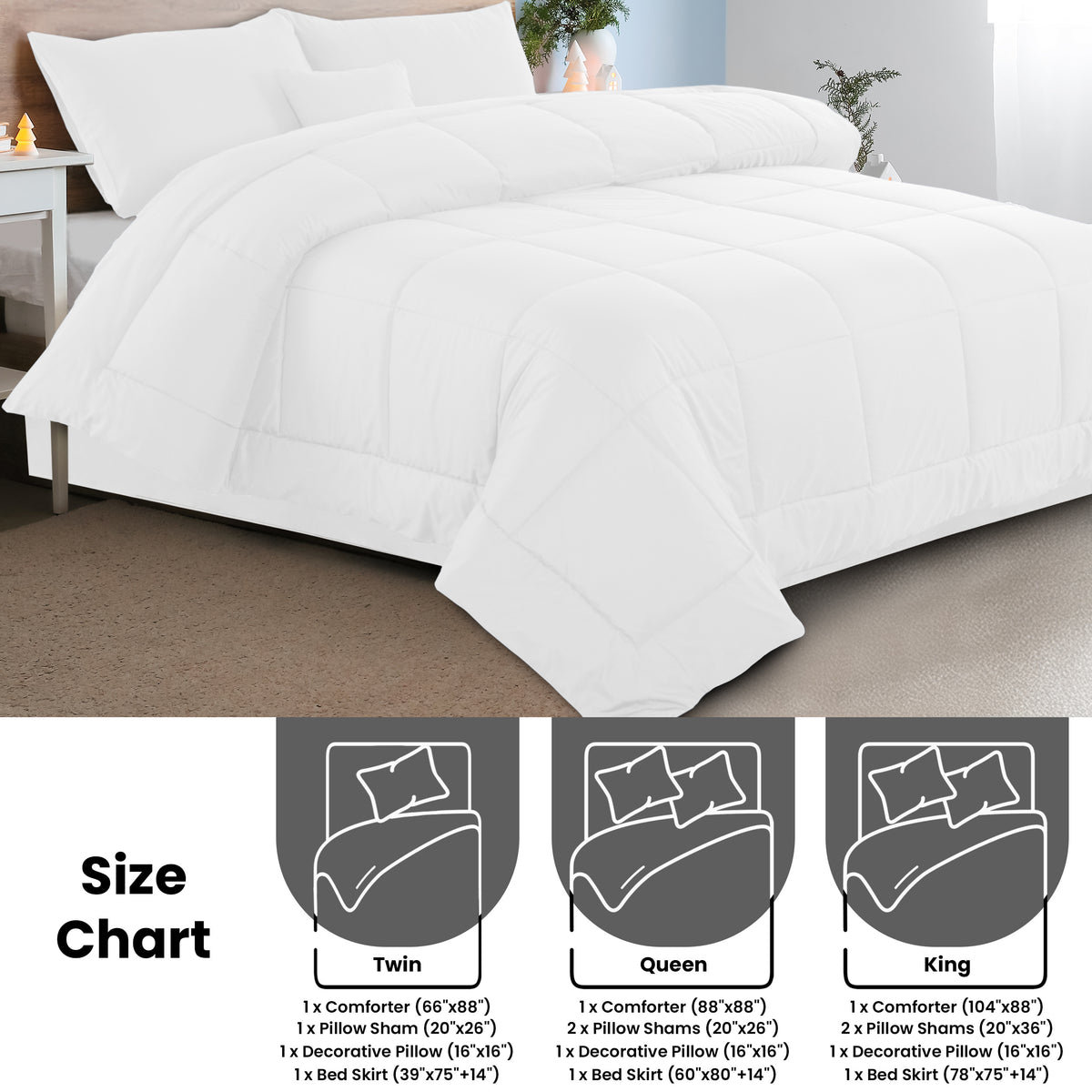 5-Piece Comforter Set – Reversible Quilted Down Alternative Bedding Set with Pillow Shams, Bed Skirt & Cushion | All Season | Twin, Queen, King