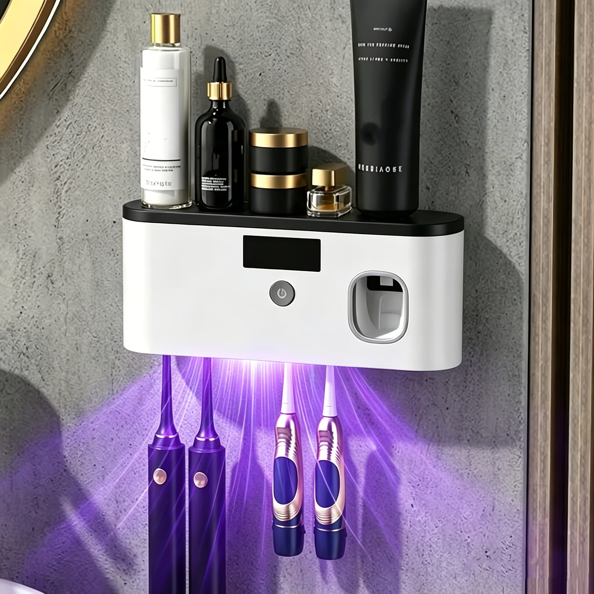 Automatic Toothpaste Dispenser Wall-Mounted with 5-Slot Toothbrush Holder, USB Rechargeable Smart Toothbrush Sanitizing Stand — Bathroom Organizer for Home, White & Black Gold