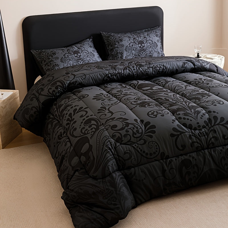 Skull Quilt Set 3 Pcs – Black & Gray Digital Print Comforter with 2 Pillowcases, 180GSM Soft Breathable Bedding for Twin Full Queen King Dorm & Bedroom Decor