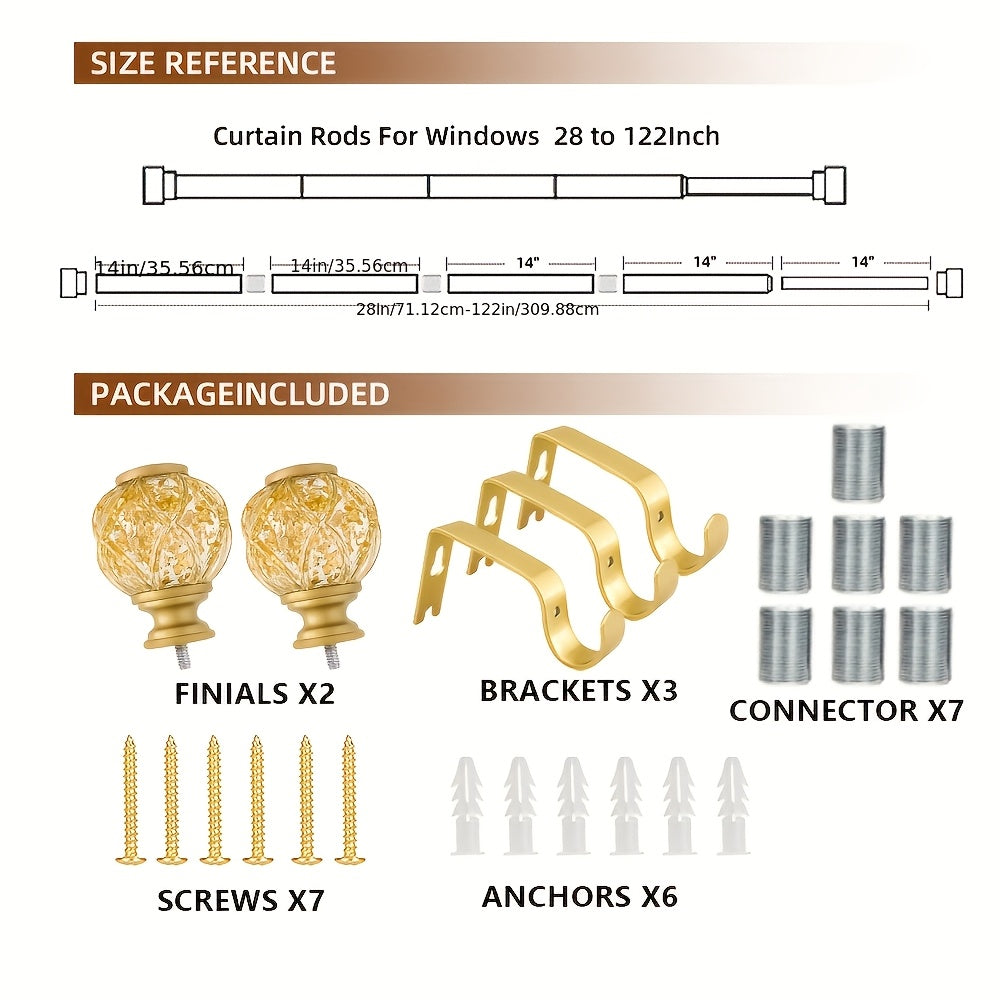 Adjustable Curtain Rod Crystal & Gold Single Decorative Rod for Windows 28 to 122 Inch – Spliced Extension Design, 8 Size Options
