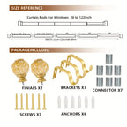 Adjustable Curtain Rod Crystal & Gold Single Decorative Rod for Windows 28 to 122 Inch – Spliced Extension Design, 8 Size Options