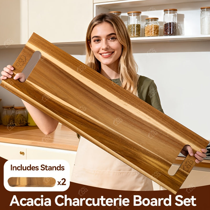 Extra Large Acacia Wood Charcuterie Board 36x12 Inch with Handles and 2 Stands - 3ft Rectangular Cheese and Meat Serving Platter for Party Entertaining - Oversized Grazing Board Gift