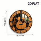 Music Themed Silent Wall Clock 12 Inch – Acoustic Guitar & Roman Numerals Dark Brown Wood Face | Battery-Powered Quartz Non-Ticking Clock for Living Room, Home Studio & Office | Unique Gift for Musicians