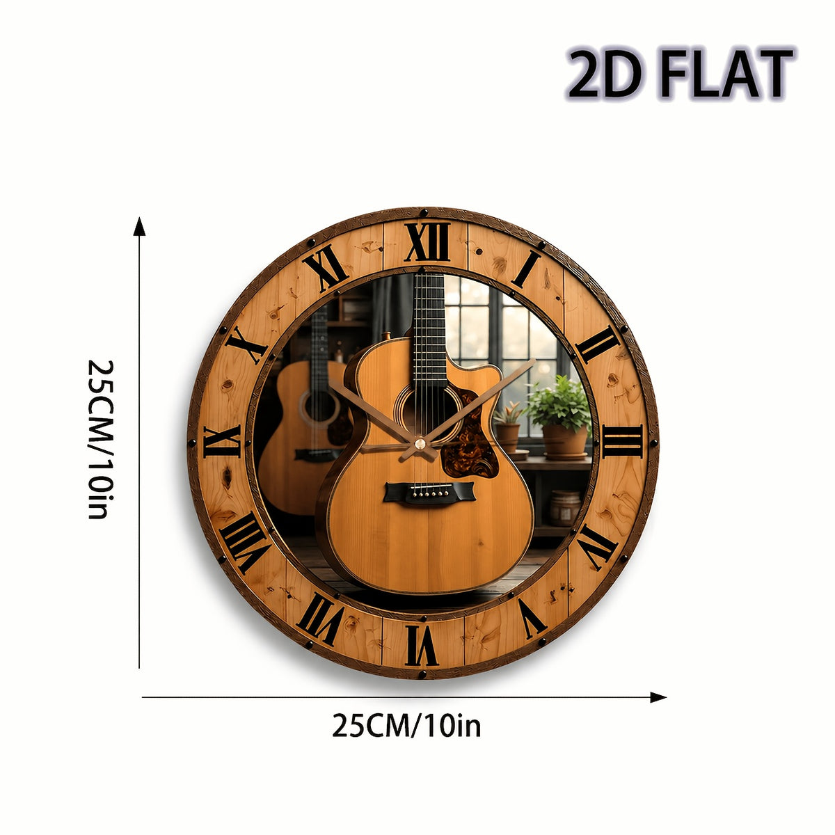 Music Themed Silent Wall Clock 12 Inch – Acoustic Guitar & Roman Numerals Dark Brown Wood Face | Battery-Powered Quartz Non-Ticking Clock for Living Room, Home Studio & Office | Unique Gift for Musicians