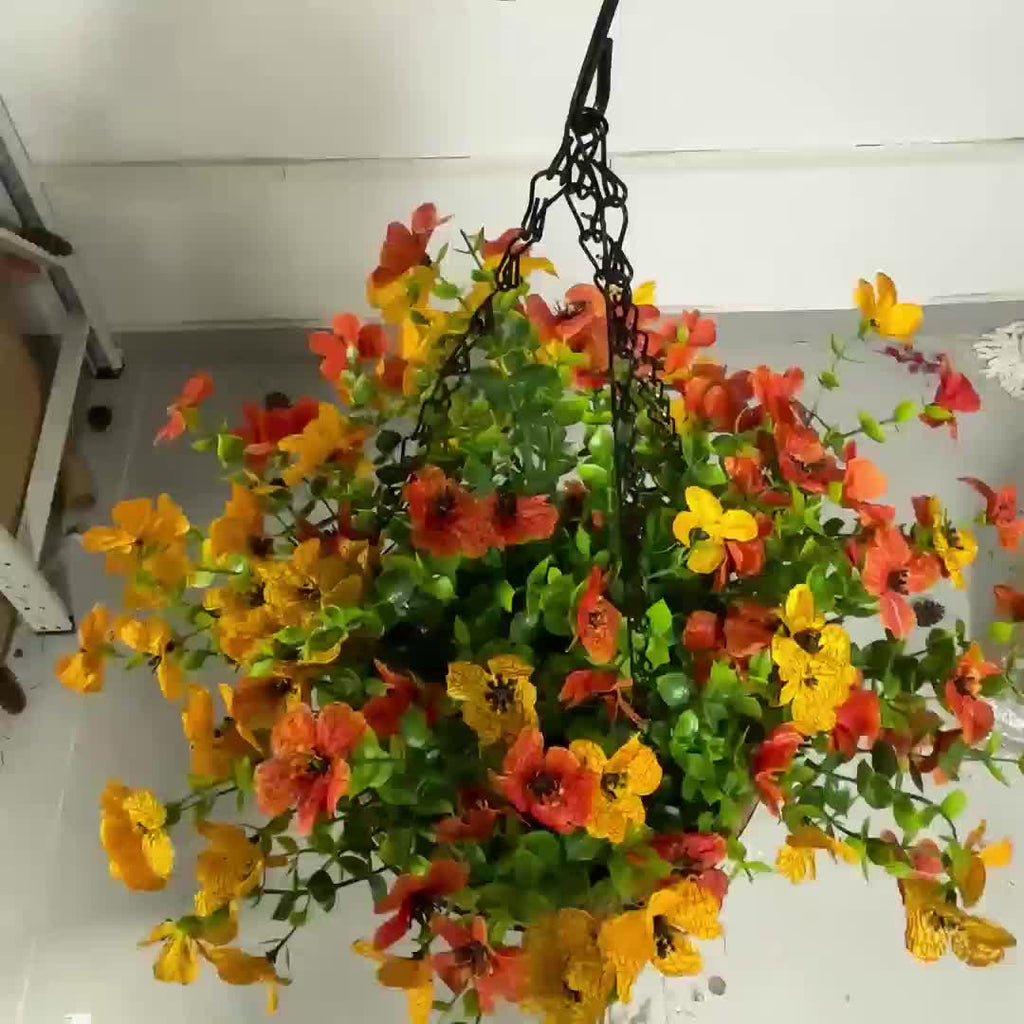 Hanging Basket Artificial Flowers 2 Sets 24pcs Red Purple Yellow | Outdoor Spring Summer Decor for Front Porch, Garden & Patio, Fake Flower Hanging Baskets for Balcony Fence