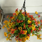 Hanging Basket Artificial Flowers 2 Sets 24pcs Red Purple Yellow | Outdoor Spring Summer Decor for Front Porch, Garden & Patio, Fake Flower Hanging Baskets for Balcony Fence