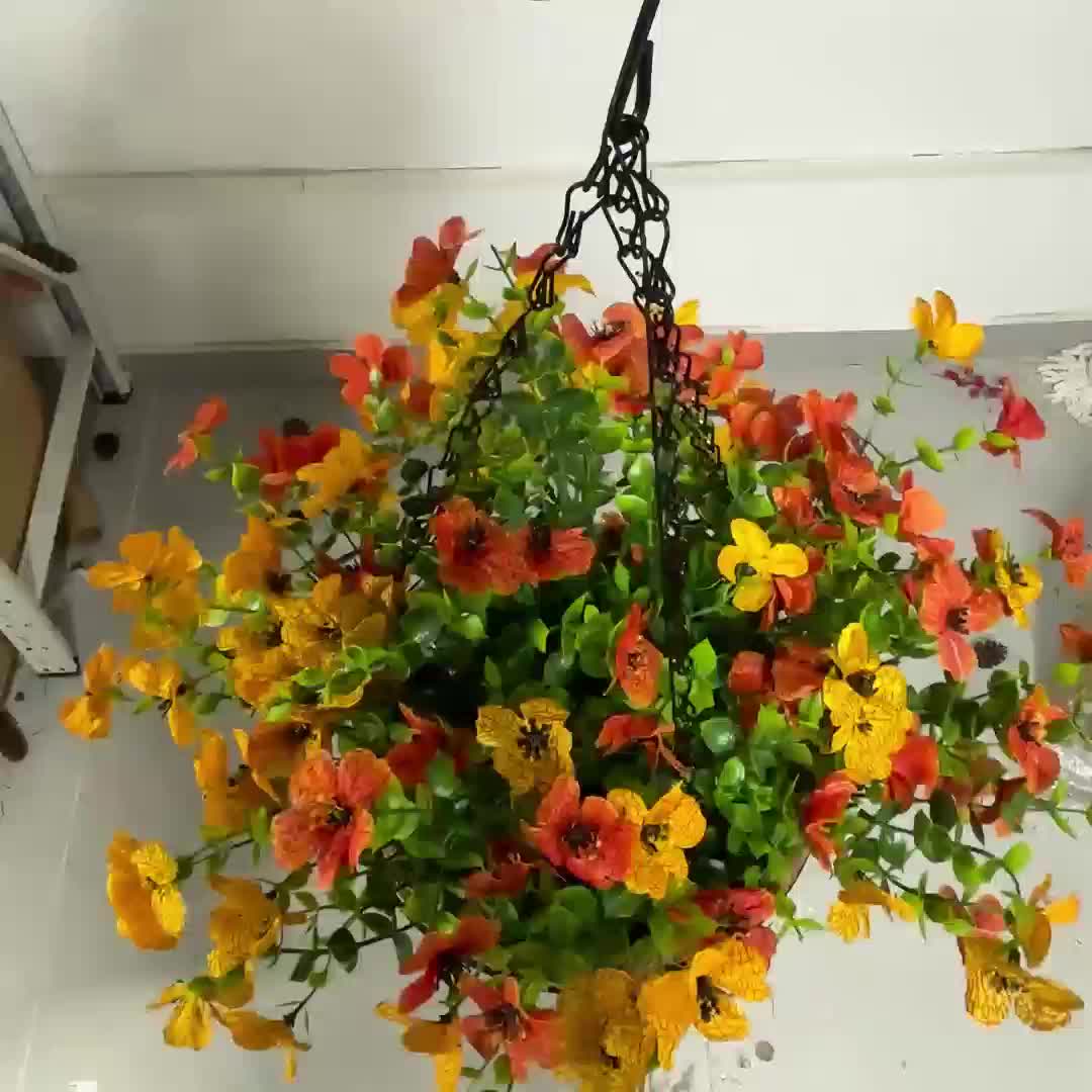 Hanging Basket Artificial Flowers 2 Sets 24pcs Red Purple Yellow | Outdoor Spring Summer Decor for Front Porch, Garden & Patio, Fake Flower Hanging Baskets for Balcony Fence