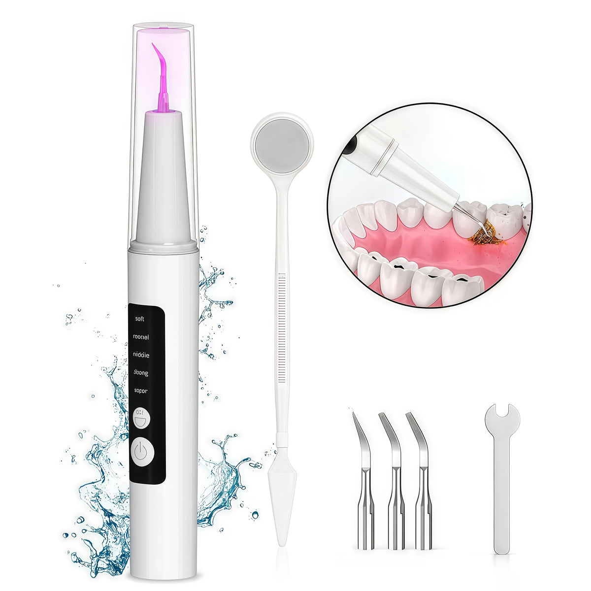 Electric Plaque Remover Teeth Cleaner - LED Light 5 Mode Rechargeable Dental Scaler 3 Stainless Steel Heads Home Travel Oral Care Tool