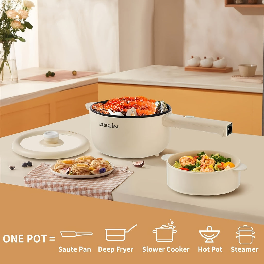 Mini Electric Cooker 2L Non-Stick Saute Pan with Adjustable Power, Rapid Noodle Cooker Mini Pot for Ramen, Oatmeal, Steak, Eggs & Fried Rice – College Dorm Room Essential, Beige & Green