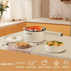 Mini Electric Cooker 2L Non-Stick Saute Pan with Adjustable Power, Rapid Noodle Cooker Mini Pot for Ramen, Oatmeal, Steak, Eggs & Fried Rice – College Dorm Room Essential, Beige & Green