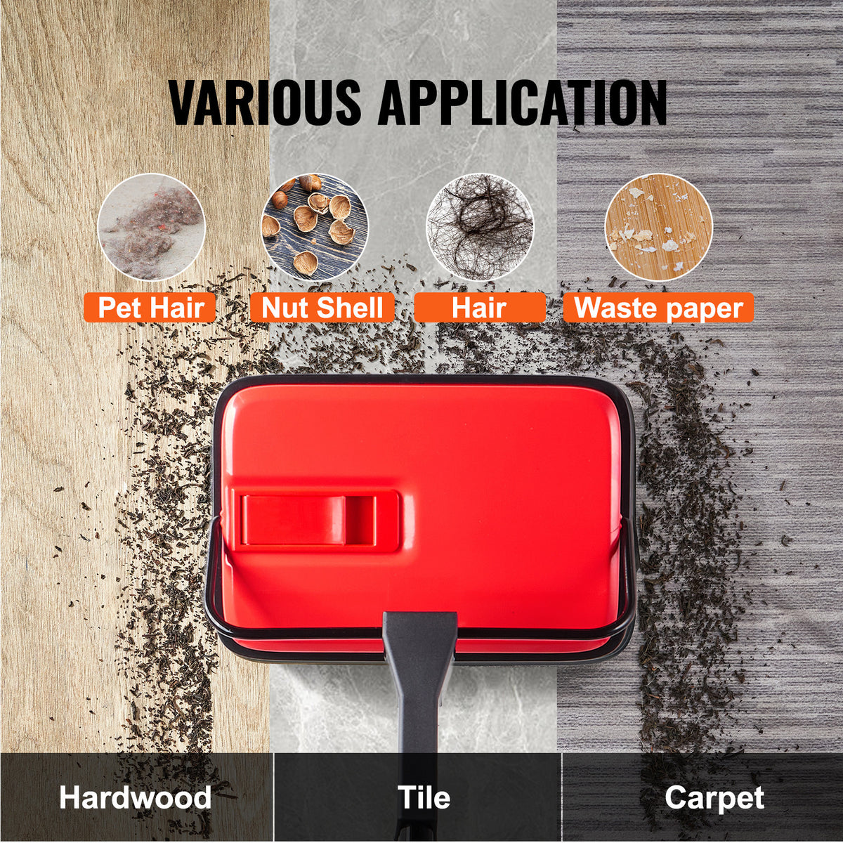 Manual Carpet Sweeper No Battery Needed 300ml Dustbin 180° Rotating Head Floor Sweeper for Carpet Hardwood Tile Pet Hair Home Office