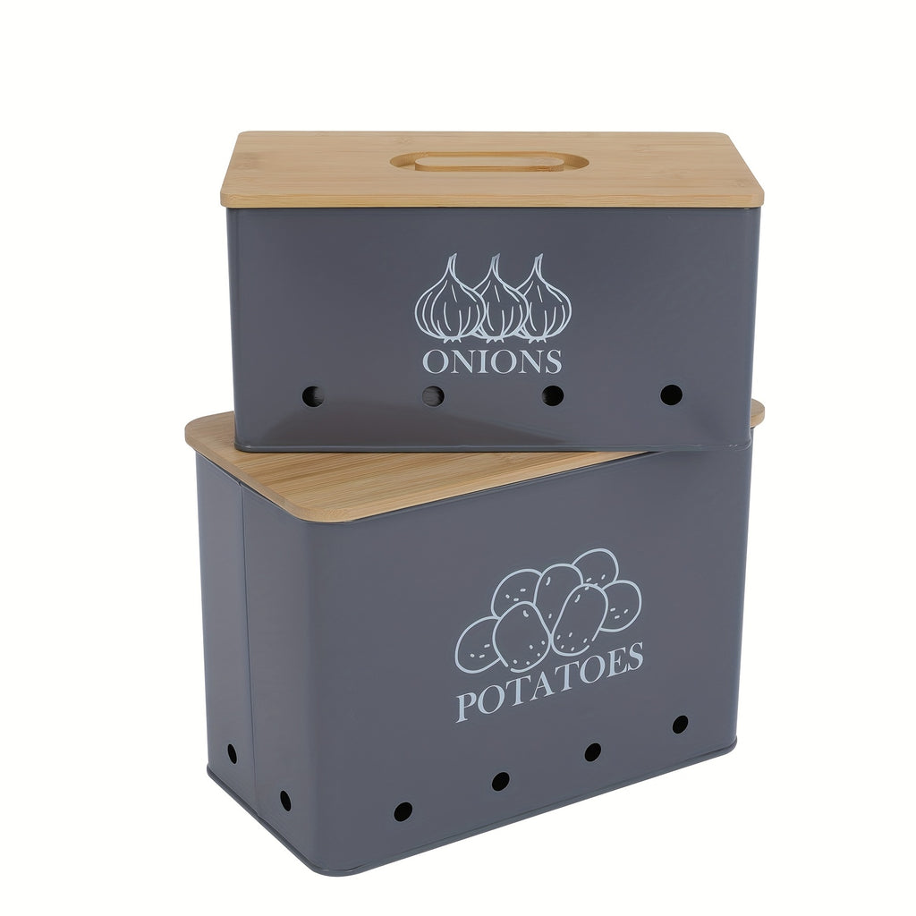 Potato and Onion Storage Bin 2-Pack Large Metal Kitchen Canisters with Bamboo Lid Flip Top for Vegetable Pantry Organization – Green Grey Black White