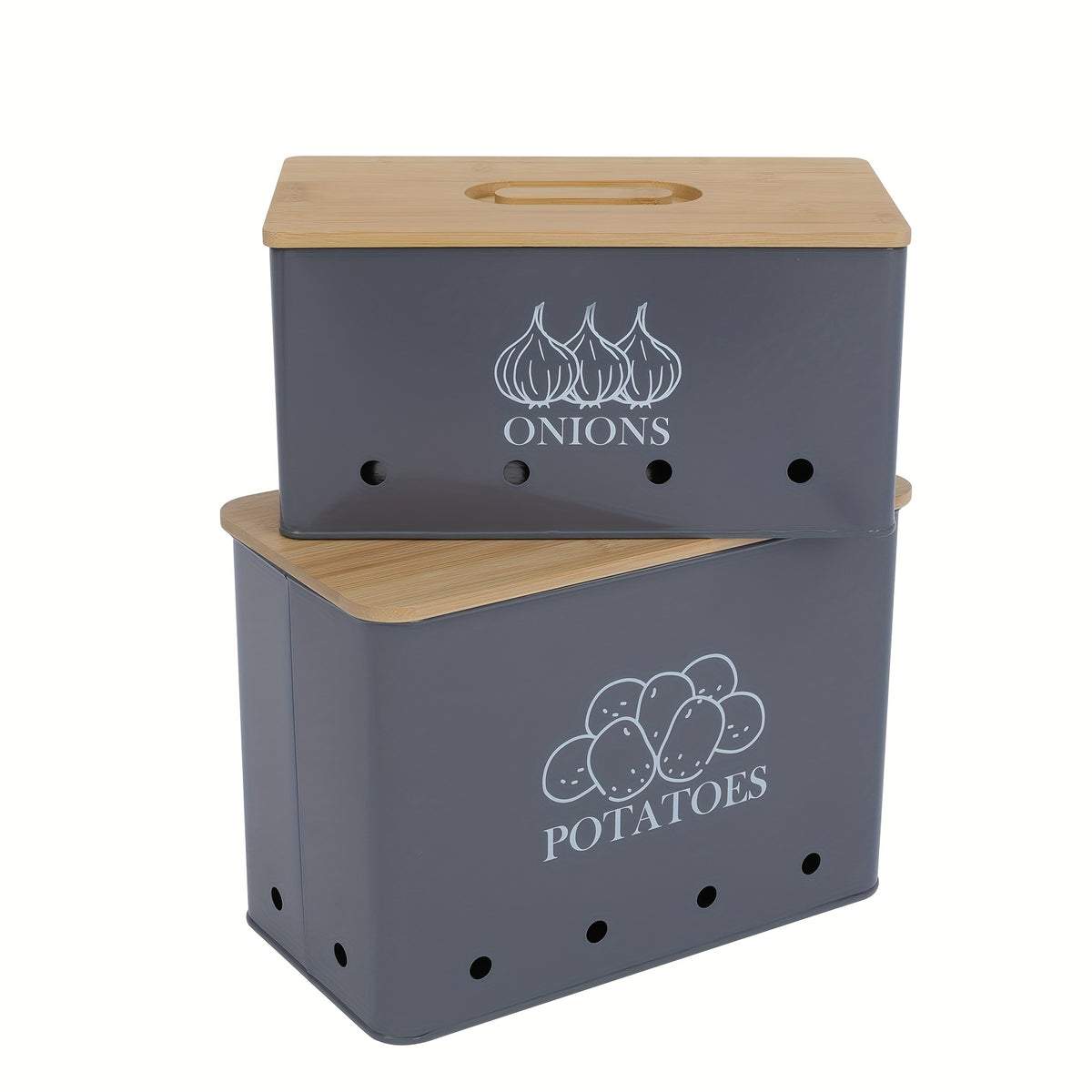 Potato and Onion Storage Bin 2-Pack Large Metal Kitchen Canisters with Bamboo Lid Flip Top for Vegetable Pantry Organization – Green Grey Black White
