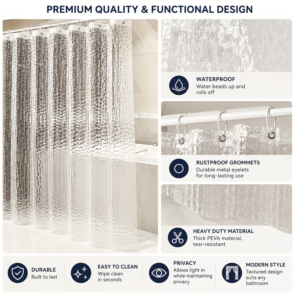 3D Geometric Water Cube Shower Curtain Translucent – Bathroom Divider with Rust-Proof Metal Eyelets & Plastic Hooks | 150 & 180 Width Home Bathroom Decor