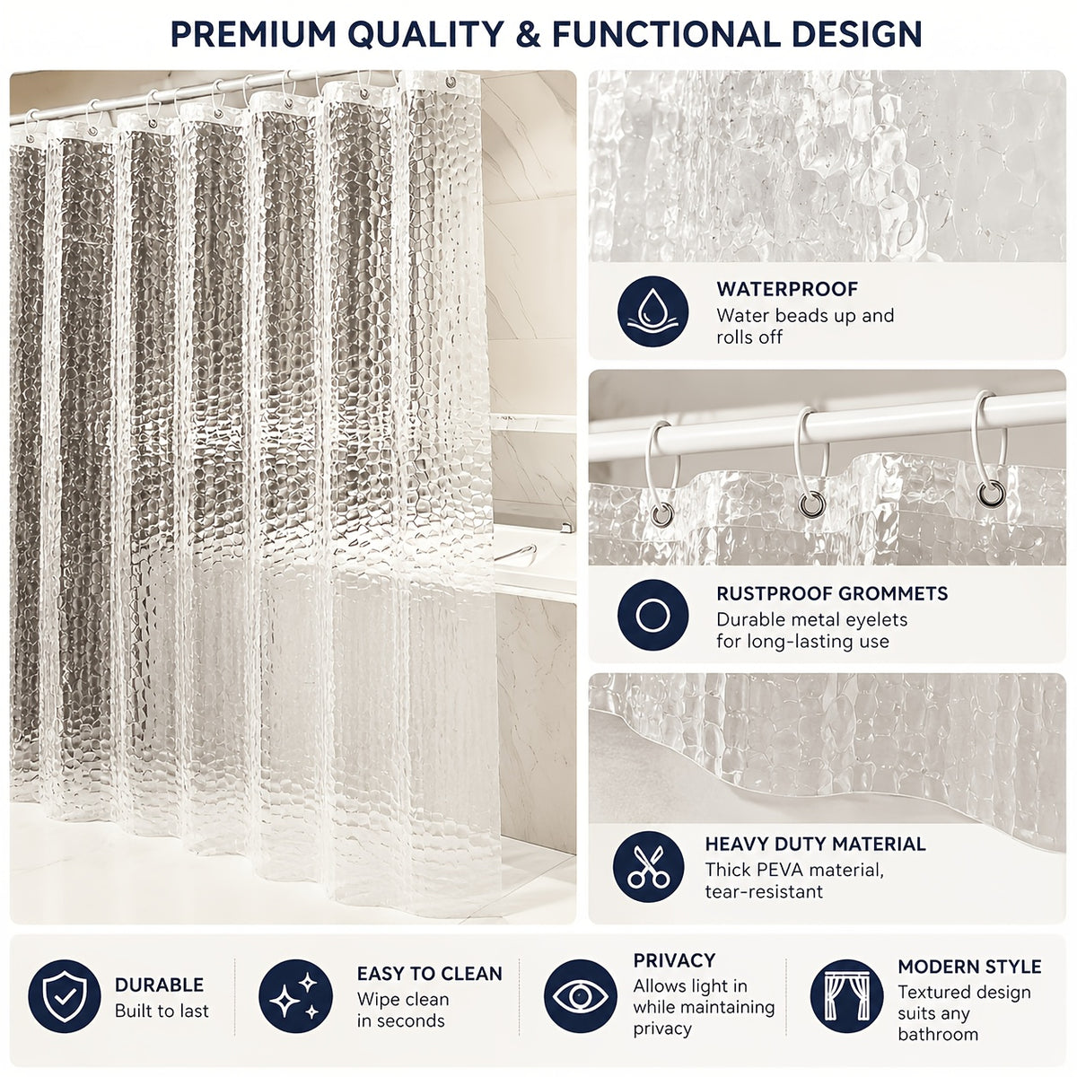 3D Geometric Water Cube Shower Curtain Translucent – Bathroom Divider with Rust-Proof Metal Eyelets & Plastic Hooks | 150 & 180 Width Home Bathroom Decor
