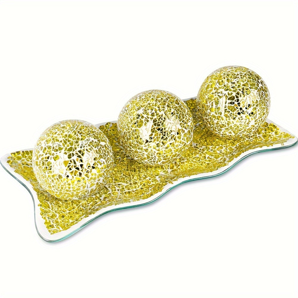 Decorative Glass Balls for Bowls Set of 3 with Glass Tray 3-Inch Bowl Fillers Centerpiece Table Decorations for Home Living Room Dining Coffee Table Silver Turquoise Black
