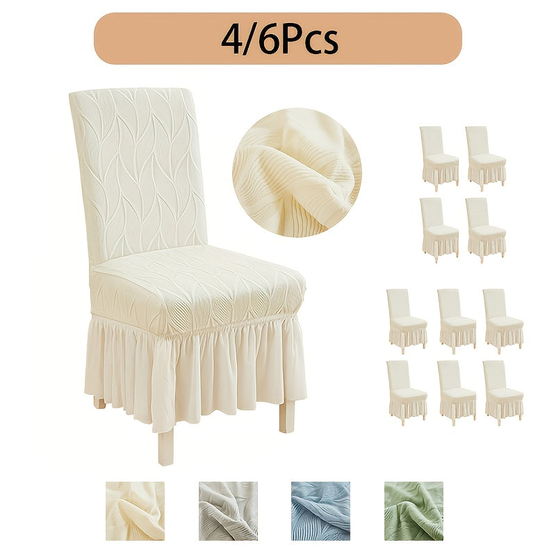 Jacquard Leaf Stretch Dining Chair Covers with Skirt 4 or 6 Pack, Universal Removable Parsons Chair Slipcovers for Dining Room Kitchen Wedding Party Banquet