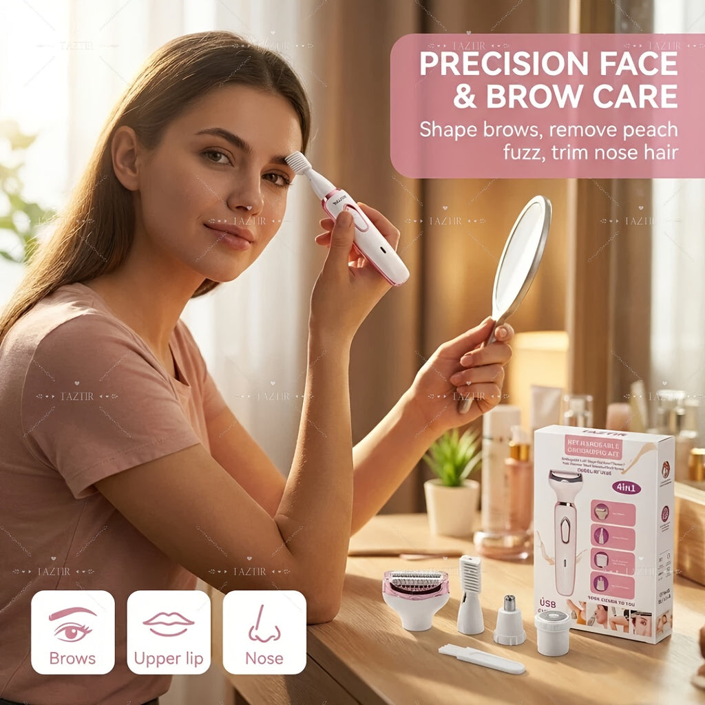 4-in-1 Electric Shaver for Women Rechargeable Grooming Kit Wet Dry Painless Lady Razor for Face Nose Legs Underarm Bikini Trimmer Luxury Gift Set