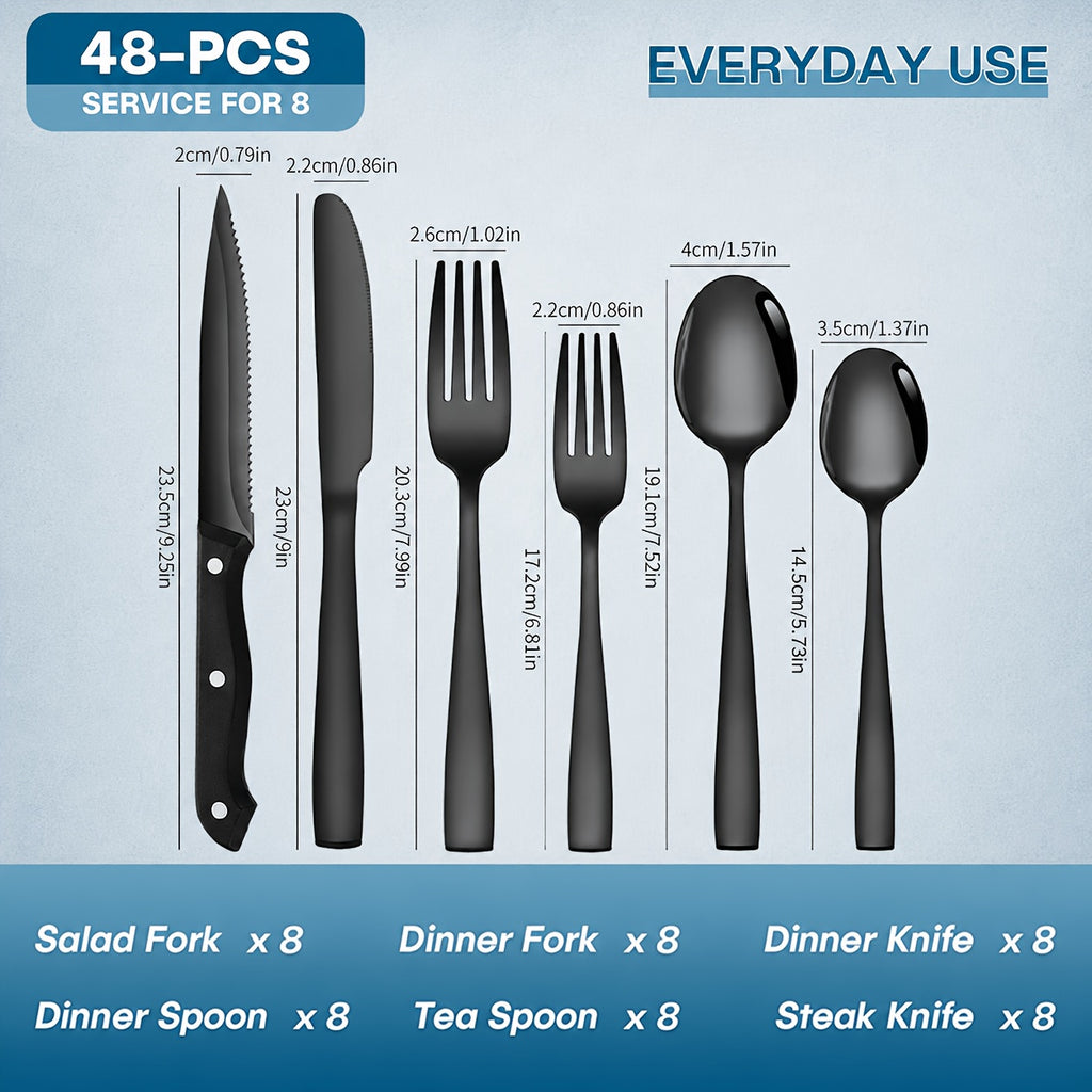 48-Piece Stainless Steel Flatware Set with Steak Knives Service for 8 Mirror Polished Silverware Dishwasher Safe