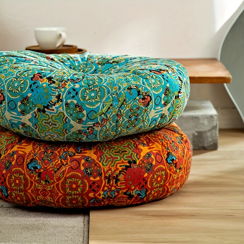 Round Bohemian Floor Cushion Pumpkin Tatami Seat Pad | Large Thickened Vintage Throw Pillow for Bedroom Chair Meditation, Orange Blue