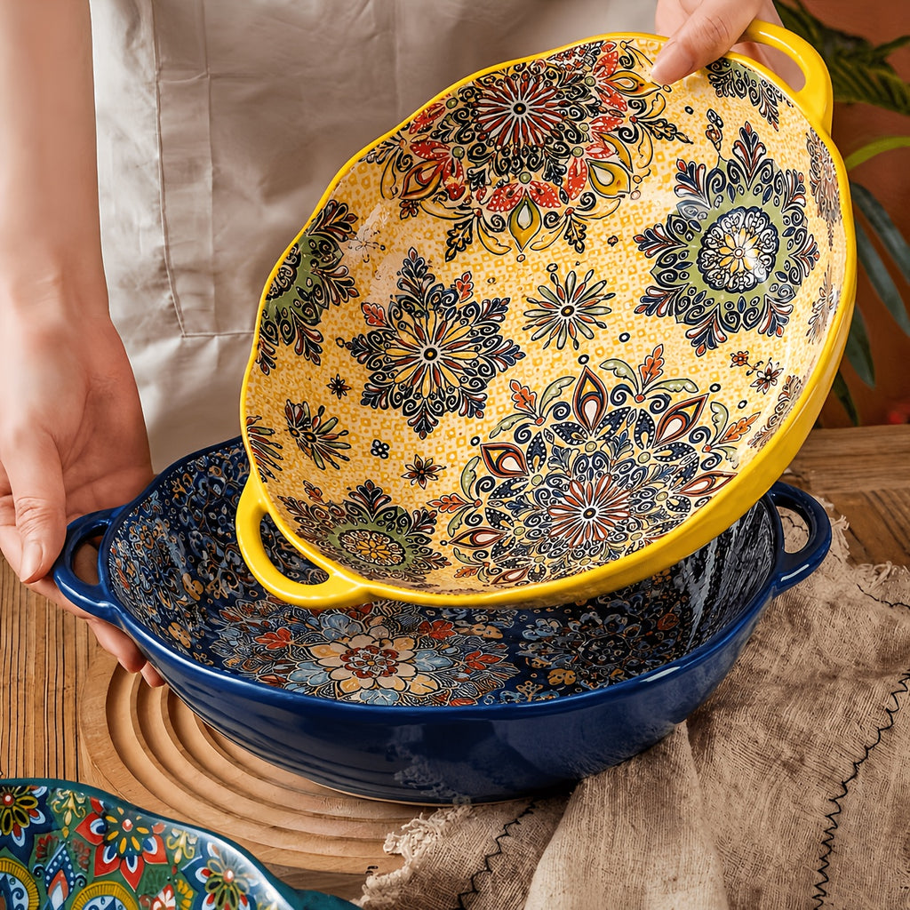 Bohemian Ceramic Salad Bowl 12 Inch with Dual Handles Large Capacity Microwave Safe Dishwasher Safe Oven Proof Porcelain Serving Bowl