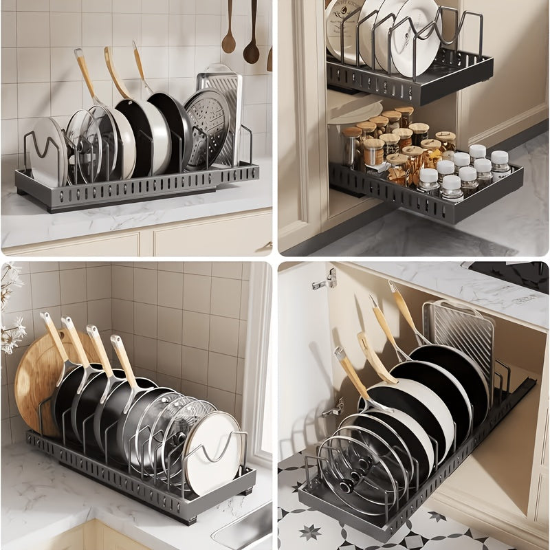 Pull Out Cabinet Organizer Under Cabinet Pot and Pan Rack Sliding Storage with Adjustable Dividers for Pot Lids Bakeware Plates