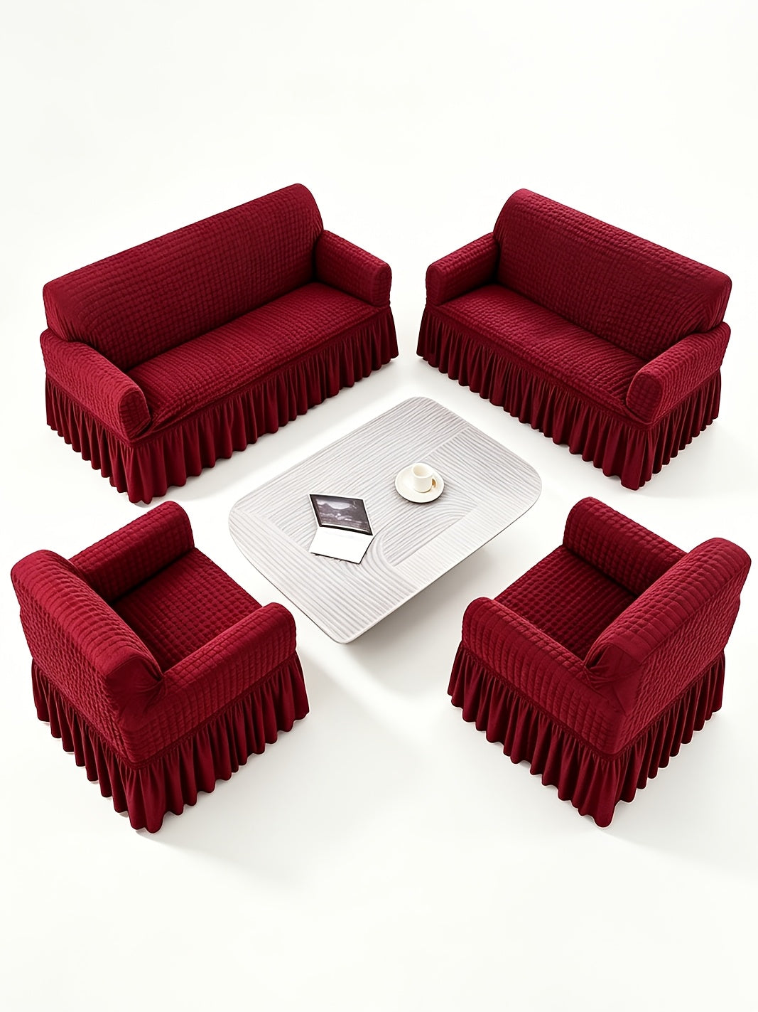 Seersucker Sofa Cover All-In-One Stretch Slipcover – Elastic Band Polyester Spandex Machine Washable Couch Protector for Armchair Loveseat 1 2 3 4 Seater Solid Color