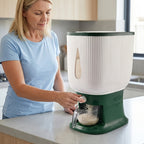 Rice Dispenser Large Capacity 22LB 6-Chamber Sealed Grain Storage Container with Measuring Cup & Transparent Window – Moisture & Insect Resistant One-Click Pantry Organizer for Rice Beans Flour Pet Food