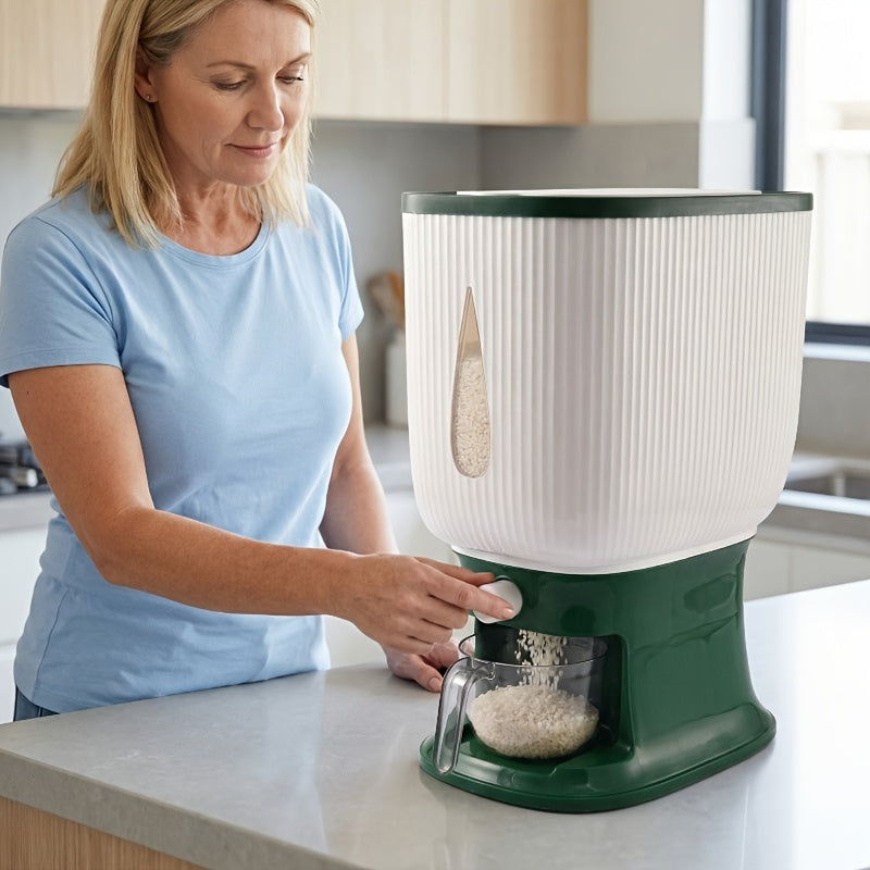 Rice Dispenser Large Capacity 22LB 6-Chamber Sealed Grain Storage Container with Measuring Cup & Transparent Window – Moisture & Insect Resistant One-Click Pantry Organizer for Rice Beans Flour Pet Food