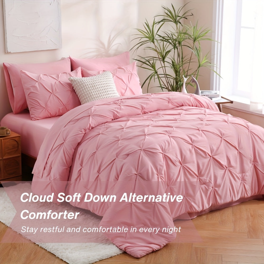 5/7pcs Pintuck Bed In A Bag Comforter Sets, Pinch Pleat Complete Bedding Sets with Comforter, Sheets & Pillowcases, Queen/King Size, All Season