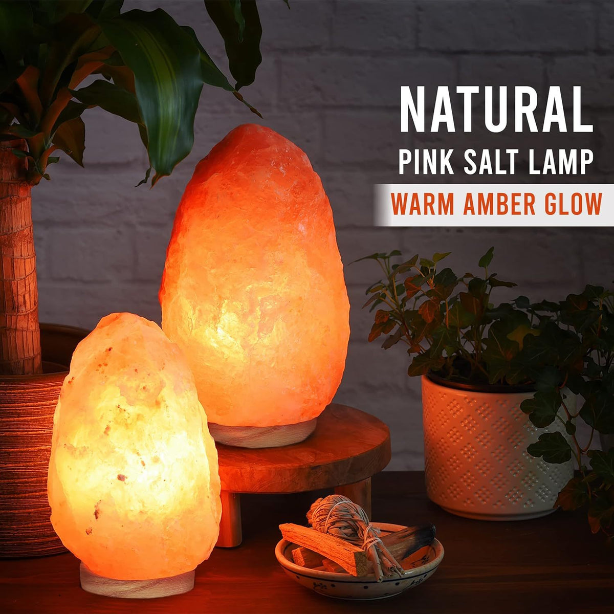 Himalayan Salt Lamp Set of 2 – Pink Crystal Night Light with Neem Wood Base, USB Dimmer Switch, Warm Glow for Bedroom & Relaxation