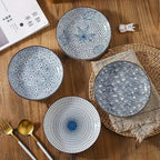 4-Piece Japanese Style Ceramic Plate Set 7 Inch Deep Round Serving Plates Nordic Floral Underglaze Non-Slip Edge for Steak Salad Home Kitchen