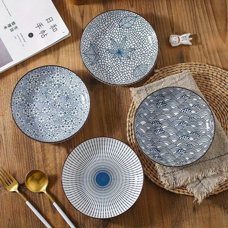 4-Piece Japanese Style Ceramic Plate Set 7 Inch Deep Round Serving Plates Nordic Floral Underglaze Non-Slip Edge for Steak Salad Home Kitchen