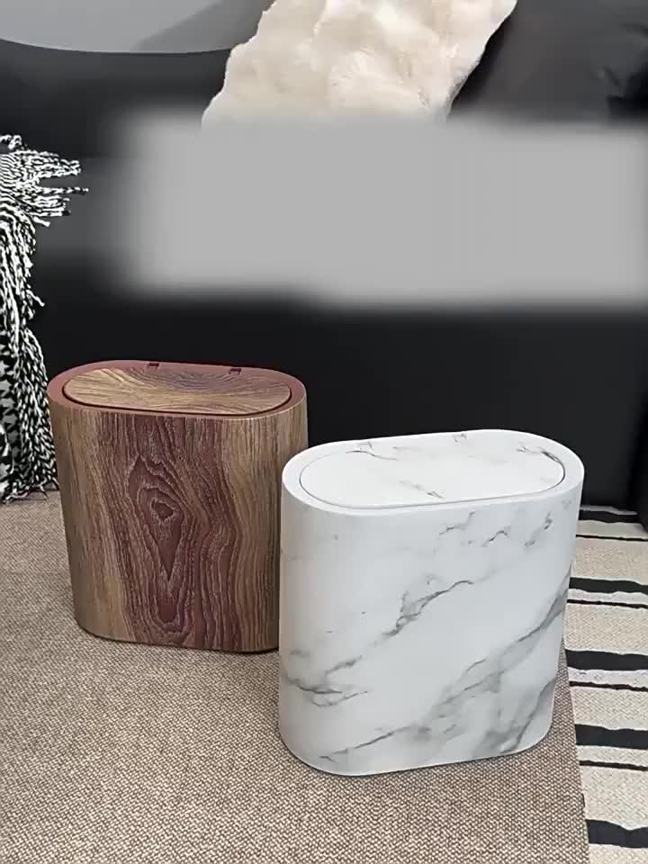 Marble & Wood Grain Plastic Waste Bin with Built-In Handle – Rust-Proof Space-Saving Trash Can for Bathroom Laundry Room Home Office