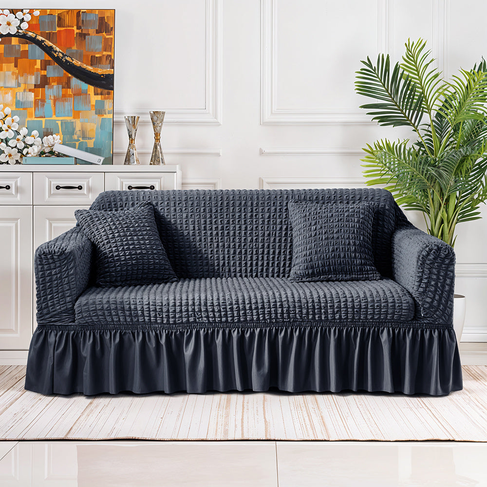 Velvet Jacquard Sofa Cover Ruffle Detail – Non-Slip Dustproof Soft Breathable Slipcover, Machine Washable All-Season, Polyester Spandex, 1/2/3/4 Seater, Grey