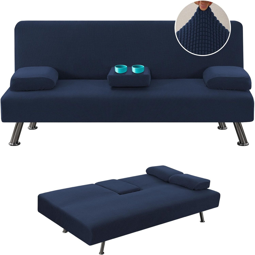 Sofa Cover 4-Piece Stretch Futon Slipcover Set with Removable Armrest & Cupholder Covers – Spandex Jacquard Furniture Protector, Black & Navy