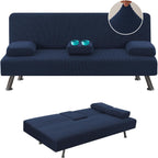 Sofa Cover 4-Piece Stretch Futon Slipcover Set with Removable Armrest & Cupholder Covers – Spandex Jacquard Furniture Protector, Black & Navy