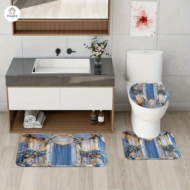 4-Piece Vintage Shower Curtain Set with Hooks, Non-Slip Floor Mat, Toilet U-Mat & Lid Cover — Waterproof Odor-Free Decorative Bathroom Ensemble, Ideal Gift