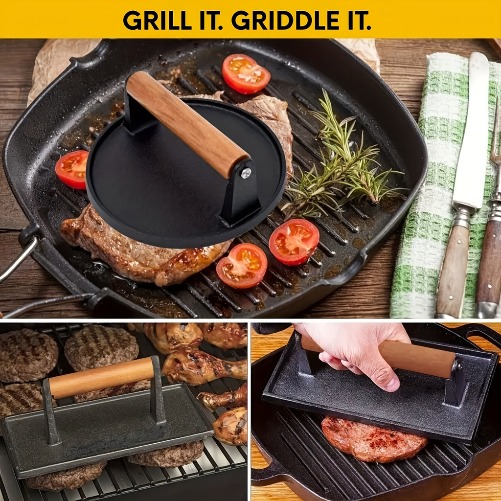 Cast Iron Smash Burger Press – Heavy Duty Dual-Size Beef Patty Smasher with Ergonomic Wood Handle, Grill Press for BBQ & Kitchen Smash Burgers, Round & Square