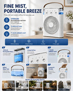 Portable USB Mist Fan 3700mAh Rechargeable with 3 Wind Speeds 2 Mist Modes 7-Color LED Mood Light & Timer for Bedroom Office Dorm Camping Summer Cooling
