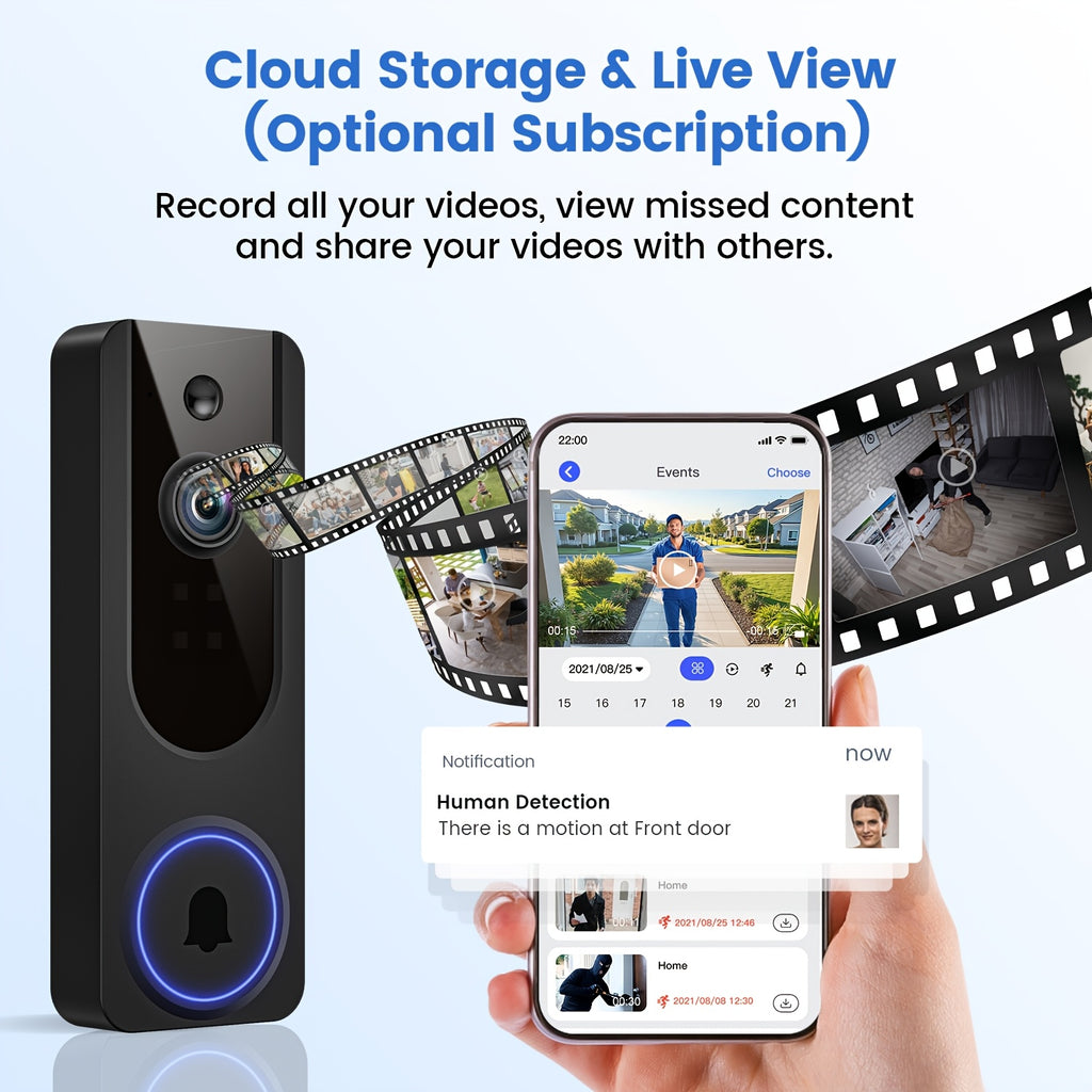 1080P Video Doorbell Camera Wireless – Intelligent Body Detection, Two-Way Audio, Infrared Night Vision, Cloud Storage, Real-Time View, 5200mAh Battery, Black Linen
