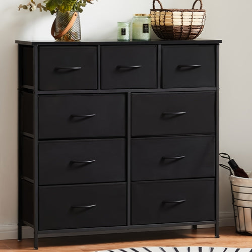 9 Drawer Fabric Dresser with Bins – Tall Chest of Drawers Organizer for Bedroom Closet Hallway Nursery, Steel Frame Wood Top Easy Pull Handles