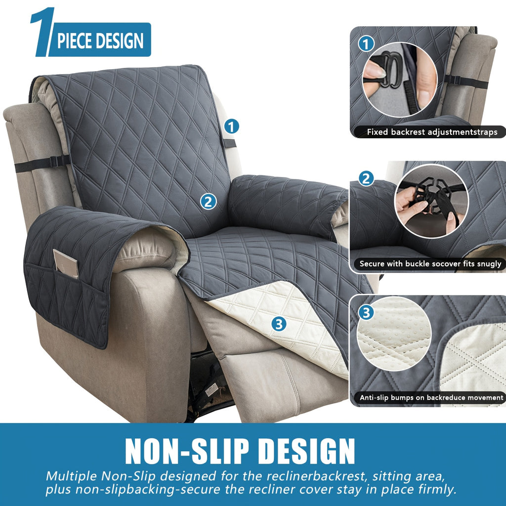 Quilted Recliner Sofa Cover Anti-Slip Wear-Resistant 4-Layer Fabric Dual Side Pockets Machine Washable Pet Home Bedroom Living Room 10 Colors 2 Sizes