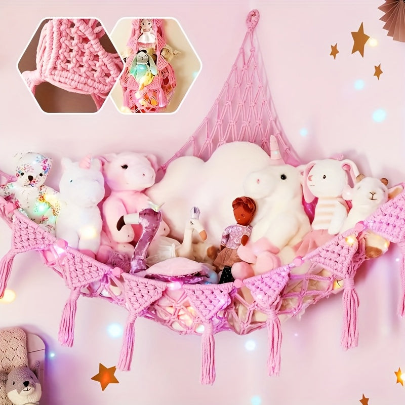 Stuffed Animal Storage Net with LED Lights – Corner Hanging Plushie Organizer for Kids Bedroom & Nursery, Jumbo Doll Net Room Decor, Holiday Gift for Children
